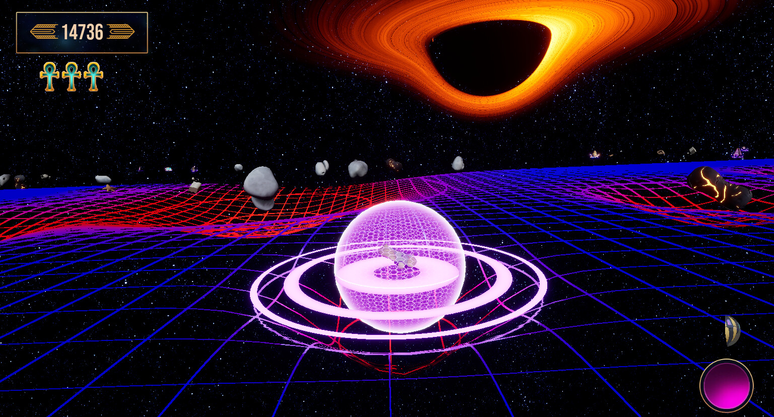 Zamakan gameplay showing the ship, asteroid field, and HUD